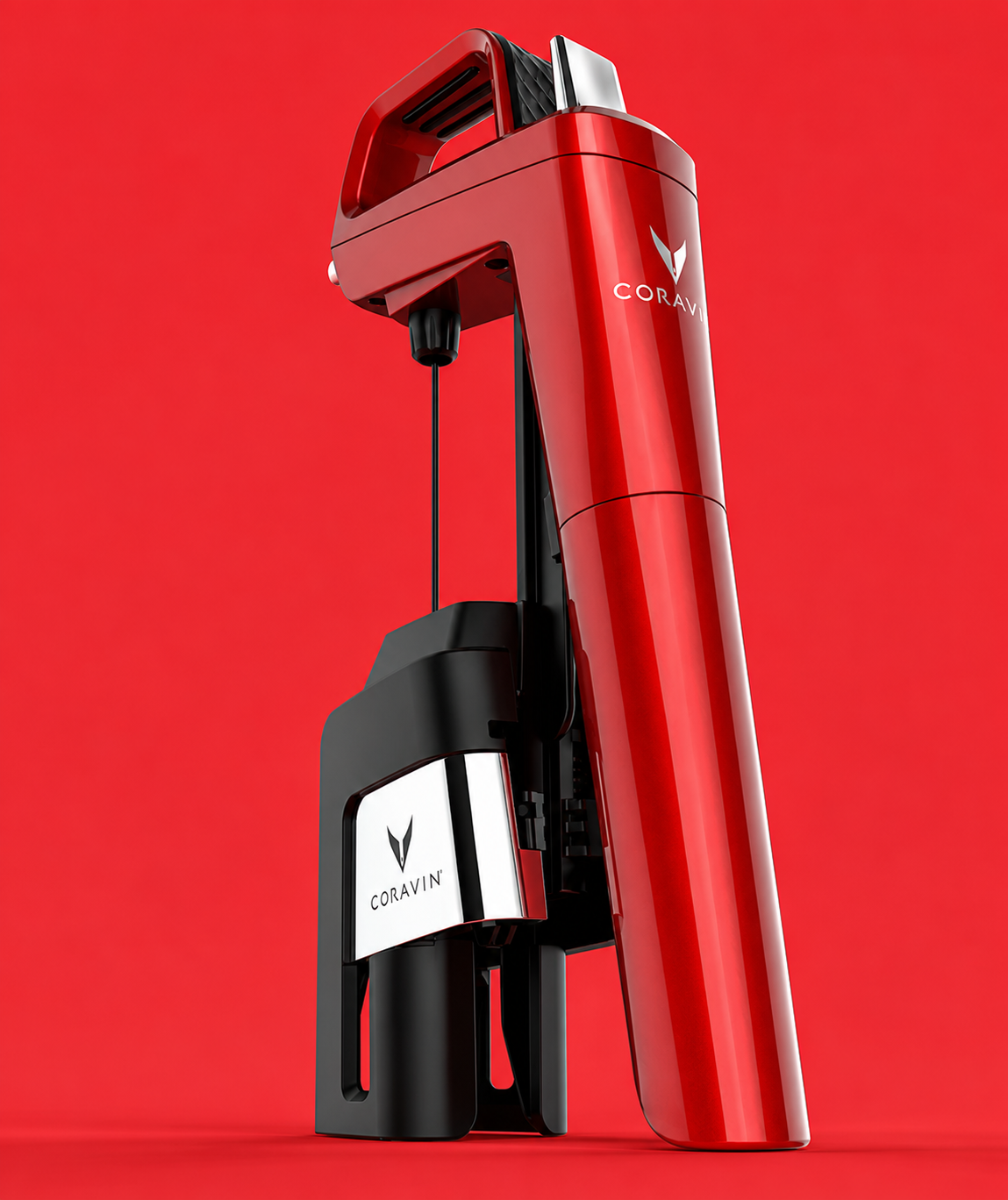 Coravin wine preservation system in crimson red on a matching red background